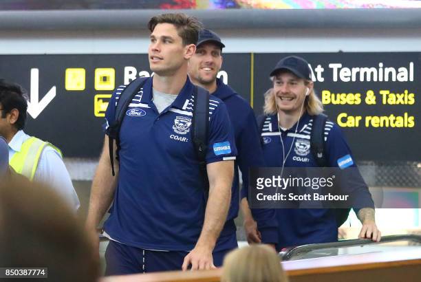 Tom Hawkins of the Cats arrives to fly to Adelaide at Melbourne Airport on September 21, 2017 in Melbourne, Australia.