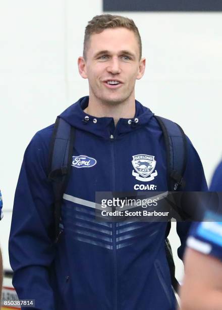 Joel Selwood of the Cats arrives to fly to Adelaide at Melbourne Airport on September 21, 2017 in Melbourne, Australia.