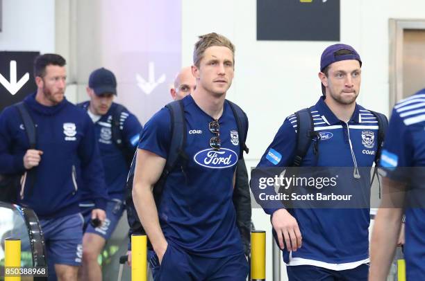 Scott Selwood of the Cats arrives to fly to Adelaide at Melbourne Airport on September 21, 2017 in Melbourne, Australia.