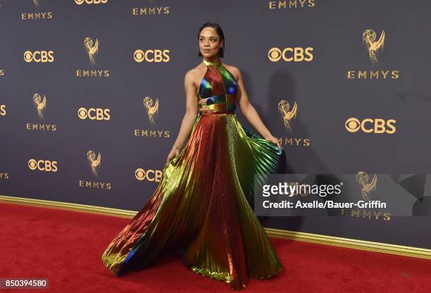 Actress Tessa Thompson arrives at the 69th Annual Primetime Emmy Awards at Microsoft Theater on September 17, 2017 in Los Angeles, California.