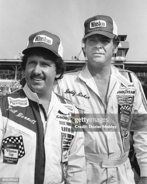 Drivers Neil Bonnett and Buddy Baker together before the Firecracker 400 race on July 4, 1979 at the Daytona International Speedway in Daytona Beach,...