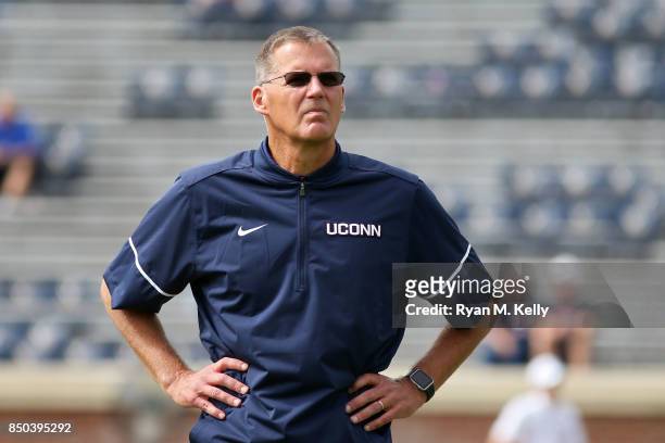 Head coach Randy Edsall of the Connecticut Huskies before the start of a game against the Virginia Cavaliers at Scott Stadium on September 16, 2017...