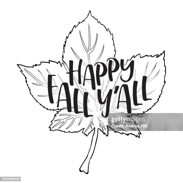 vector chestnut leaf with "happy fall y'all" hand-drawn text - chestnut tree stock illustrations