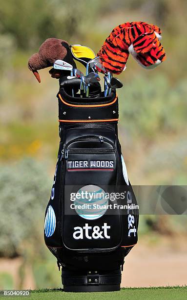 The golf bag of Tiger Woods of the USA during practice prior to the start of the Accenture Match Play Championships at Ritz - Carlton Golf Club at...