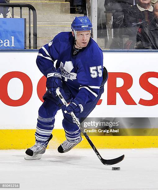 Jason Blake of the Toronto Maple Leafs skates with the puck during game action against the Columbus Blue Jackets February 19, 2009 at the Air Canada...