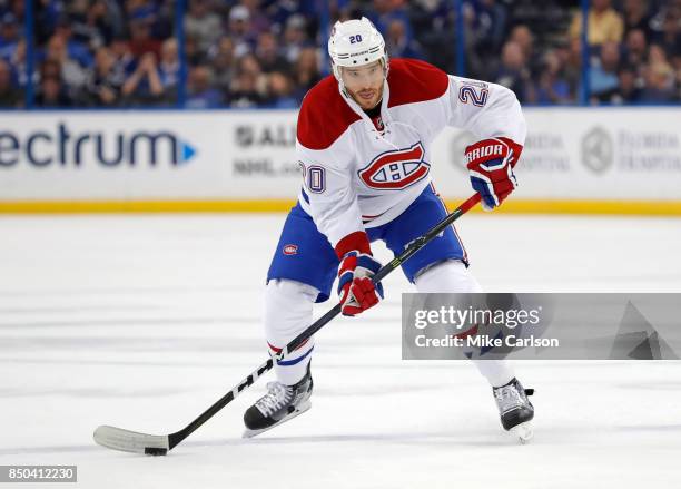 Zach Redmond of the Montreal Canadiens against the Tampa Bay Lightning during the first period at Amalie Arena on December 28, 2016 in Tampa, Florida.