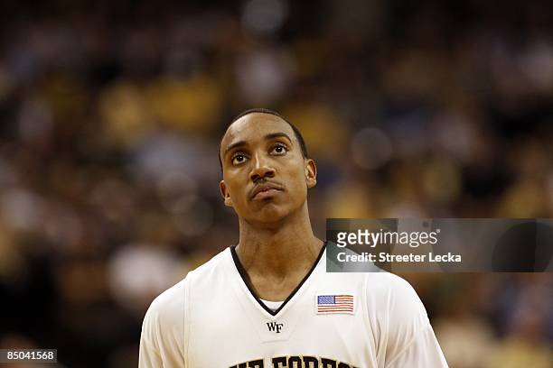 Jeff Teague of the Wake Forest Demon Deacons looks on during their game against the Georgia Tech Yellow Jackets at Lawrence Joel Coliseum on February...