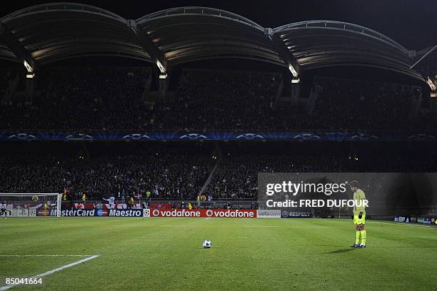 Lyon's Brazilian midfielder Juninho concentrates prior a free kick during the Champion's League football match Lyon vs Barcelona, on February 24,...