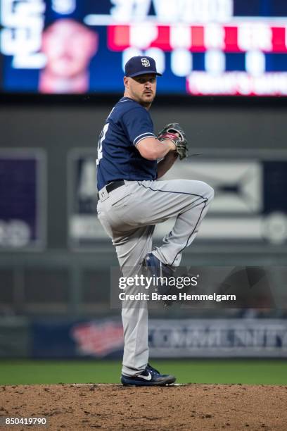 Travis Wood of the San Diego Padres pitches against the Minnesota Twins on September 12, 2017 at Target Field in Minneapolis, Minnesota. The Twins...
