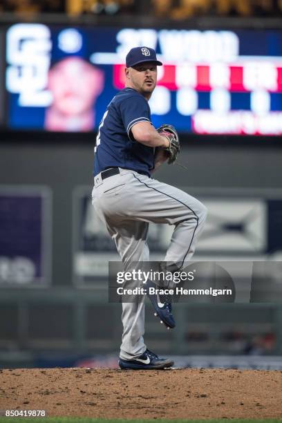 Travis Wood of the San Diego Padres pitches against the Minnesota Twins on September 12, 2017 at Target Field in Minneapolis, Minnesota. The Twins...