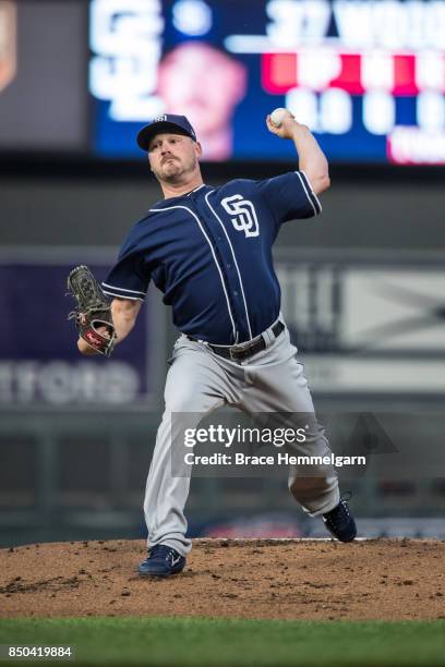 Travis Wood of the San Diego Padres pitches against the Minnesota Twins on September 12, 2017 at Target Field in Minneapolis, Minnesota. The Twins...