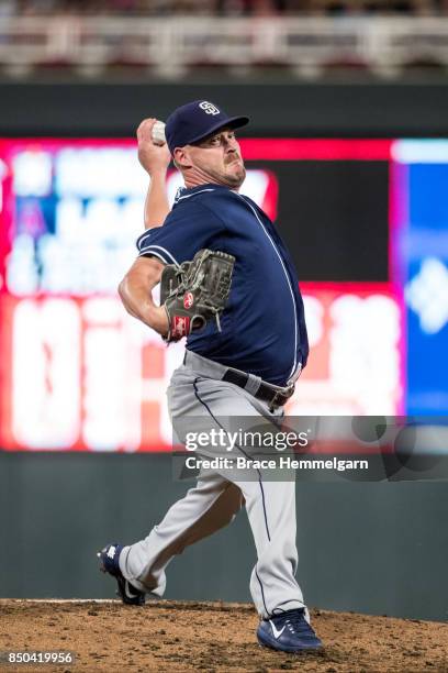 Travis Wood of the San Diego Padres pitches against the Minnesota Twins on September 12, 2017 at Target Field in Minneapolis, Minnesota. The Twins...