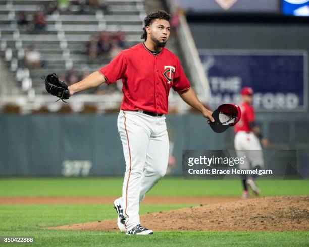 Gabriel Moya of the Minnesota Twins looks on against the San Diego Padres on September 12, 2017 at Target Field in Minneapolis, Minnesota. The Twins...
