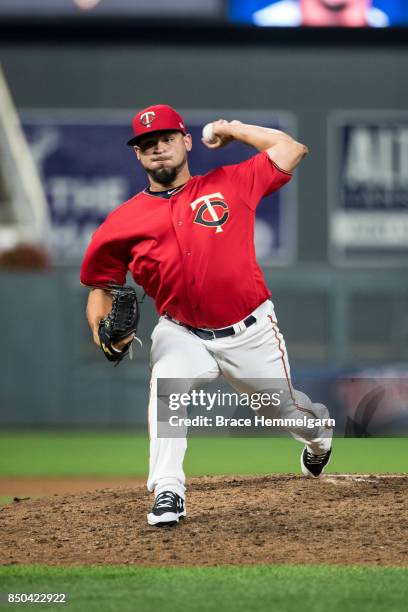 Gabriel Moya of the Minnesota Twins pitches during his major league debut against the San Diego Padres on September 12, 2017 at Target Field in...