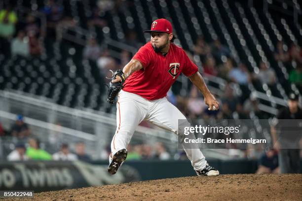 Gabriel Moya of the Minnesota Twins pitches during his major league debut against the San Diego Padres on September 12, 2017 at Target Field in...