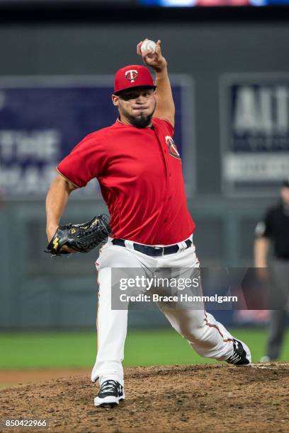 Gabriel Moya of the Minnesota Twins pitches during his major league debut against the San Diego Padres on September 12, 2017 at Target Field in...