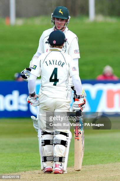 Nottinghamshire's Stuart Broad and James Taylor during the LV= County Championship, Division One match at the County Ground, Derby.