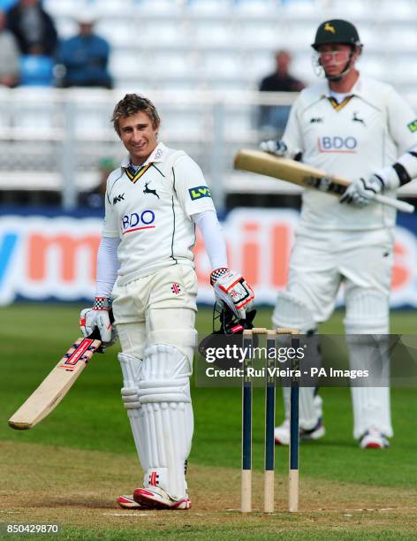 Nottinghamshire's James Taylor celebrates a century during the LV= County Championship, Division One match at the County Ground, Derby.
