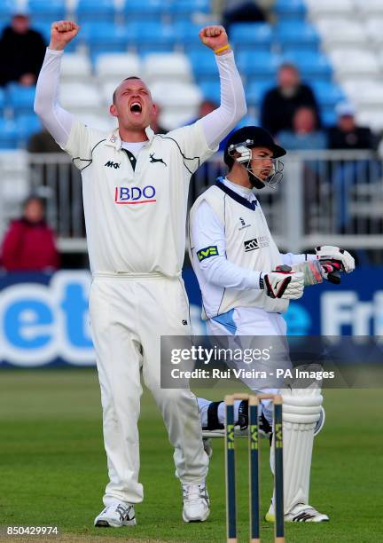 Nottinghamshire's Luke Fletcher celebrates Derbyshire's Billy Godleman LBW during the LV= County Championship, Division One match at the County...