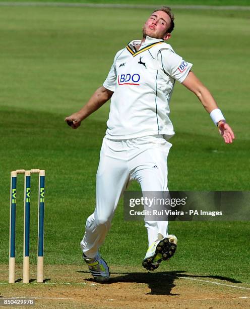 Nottinghamshire's Stuart Broad bowls during the LV= County Championship, Division One match at the County Ground, Derby.