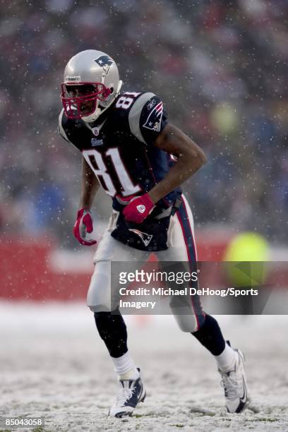 Randy Moss of the New England Patriots during a NFL game against the Arizona Cardinals at Gillette Stadium on December 21, 2008 in Foxborough,...