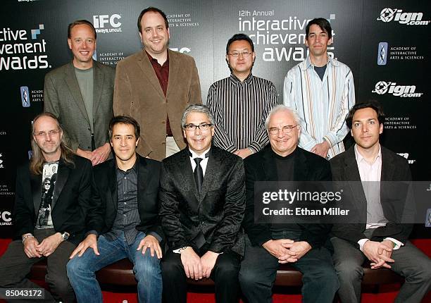 Members of the Academy of Interactive Arts and Sciences board, back row Michael Gallagher, Zack Karlsson, Shuhei Yoshida and Ted Price, and front row...
