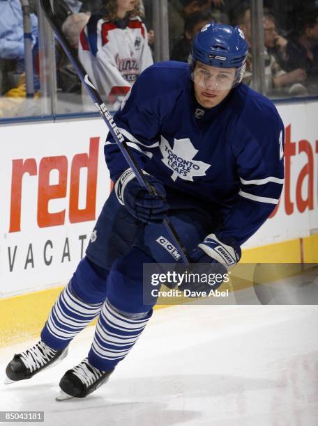 Luke Schenn of the Toronto Maple Leafs during game action against the Columbus Blue Jackets on February 19, 2009 at the Air Canada Centre in Toronto,...