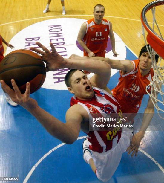 Vladimir Stimac of Red Star competes with Boban Marjanovic of Hemofarm Stada in action during the Eurocup Last 16 Game 4 match between Red Star...