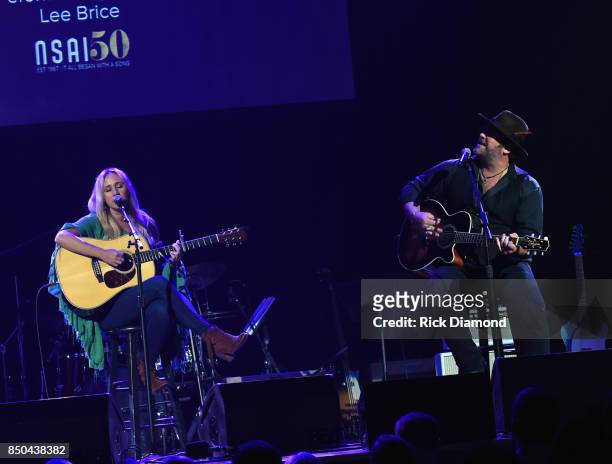 Singers/Songwriters Jessi Alexander and Lee Brice perform during NSAI 50 Yearsof Songs at Ryman Auditorium on September 20, 2017 in Nashville,...