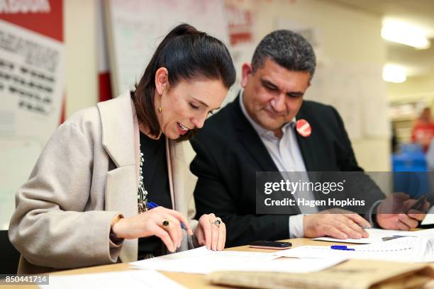 Labour leader Jacinda Ardern makes calles with Rongotai candidate Paul Eagle during a visit to Eagle's phone bank on September 21, 2017 in...