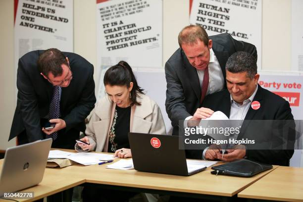 Labour leader Jacinda Ardern makes calles with Rongotai candidate Paul Eagle along with MPs Grant Robertson and Andrew Little during a visit to...