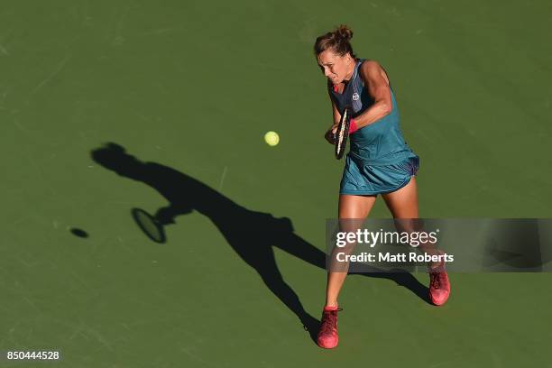 Babora Strycova of Czech Republic plays a backhand against Johanna Konta of Great Britain during day four of the Toray Pan Pacific Open Tennis At...