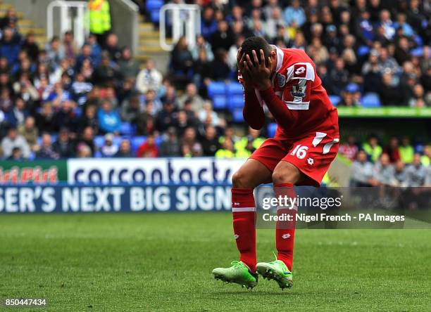 Queens Park Rangers' Jermaine Jenas shows his dejection after a missed chance during the Barclays Premier League match at the Madejski Stadium,...