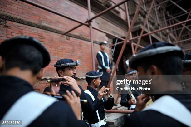 Nepalese Army Personnels of Gurujuko Paltan plays traditional instruments during the Gatasthapana first day of Biggest Hindu festival Dashain at...