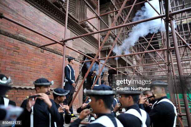 Nepalese Army Personnels of Gurujuko Paltan gun fire during the Gatasthapana first day of Biggest Hindu festival Dashain at Nasal Chowk, Basantapur...