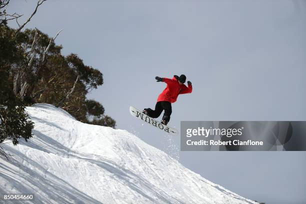 Snowboarder is seen on September 21, 2017 in Mount Buller, Australia. Australians are enjoying one of the best ski seasons after the best snowfall in...