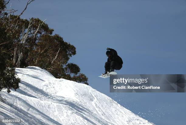 Snowboarder is seen on September 21, 2017 in Mount Buller, Australia. Australians are enjoying one of the best ski seasons after the best snowfall in...