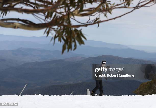 Snowboarder is seen on September 21, 2017 in Mount Buller, Australia. Australians are enjoying one of the best ski seasons after the best snowfall in...