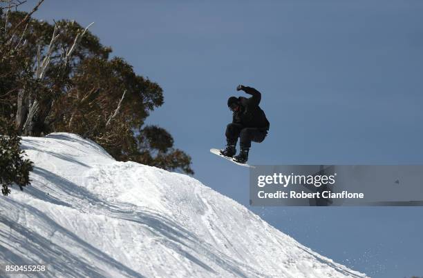 Snowboarder is seen on September 21, 2017 in Mount Buller, Australia. Australians are enjoying one of the best ski seasons after the best snowfall in...