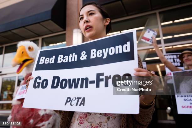 Animal rights activists protest Bed Bath &amp; Beyond for selling down products. Los Angeles, California on September 20, 2017. According to PETA...