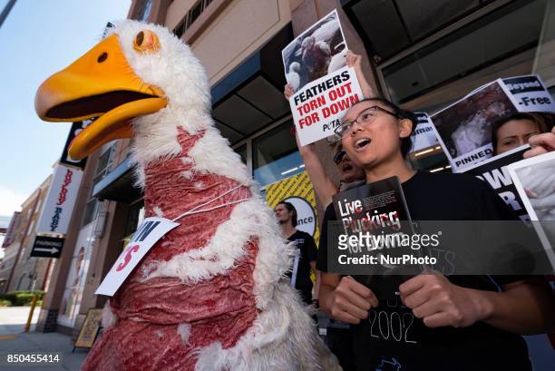 Animal rights activists protest Bed Bath &amp; Beyond for selling down products. Los Angeles, California on September 20, 2017. According to PETA...