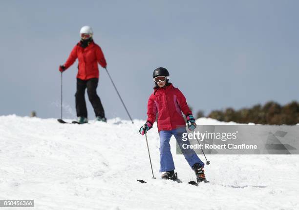 Skiers are seen on September 21, 2017 in Mount Buller, Australia. Australians are enjoying one of the best ski seasons after the best snowfall in 17...