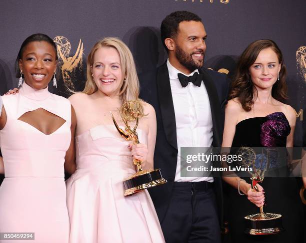 Actors Samira Wiley, Elisabeth Moss, O-T Fagbenle and Alexis Bledel attend the 69th annual Primetime Emmy Awards at Microsoft Theater on September...