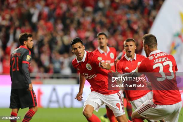 Benficas forward Raul Jimenez from Mexico celebrating after scoring a goal during the Portuguese Cup 2017/18 match between SL Benfica v SC Braga, at...