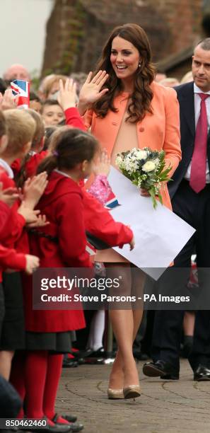 The Duchess of Cambridge meets local School children as she leaves Naomi House Children's Hospice in Winchester, Hampshire, following her visit...