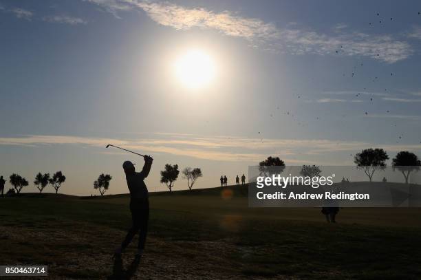 Paul Lawrie of Scotland plays his second shot on the 10th during day one of the 2017 Portugal Masters at Dom Pedro Victoria Golf Club on September...