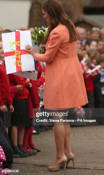 The Duchess of Cambridge meets local School children as she leaves Naomi House Children's Hospice in Winchester, Hampshire, following her visit...