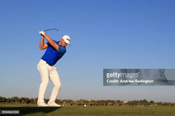 Matt Wallace of England tees off on the 11th during day one of the 2017 Portugal Masters at Dom Pedro Victoria Golf Club on September 21, 2017 in...