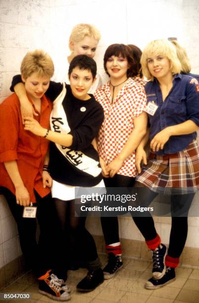 American pop group The Go-Go's, circa 1980. Left to right: drummer Gina Schock, rhythm guitarist Jane Wiedlin , singer Belinda Carlisle, bassist...