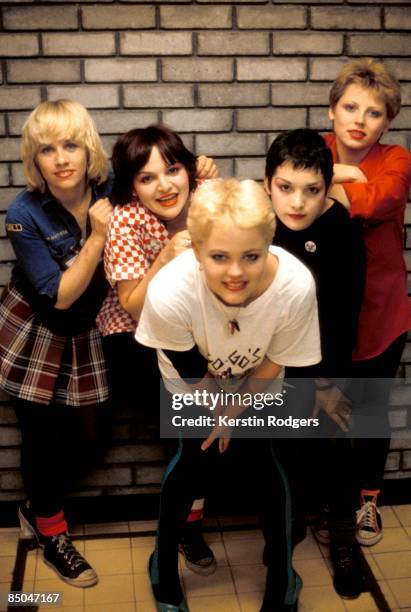 American pop group The Go-Go's, circa 1980. Left to right: lead guitarist Charlotte Caffey, bassist Margot Olavarria, singer Belinda Carlisle, rhythm...